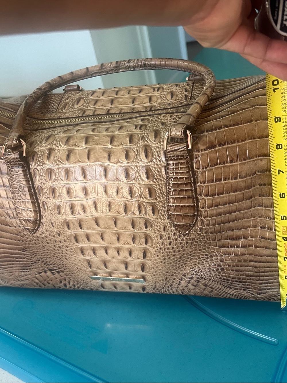 Brahmin Croc-Embossed Satchel in Taupe Brown with Gold Hardware